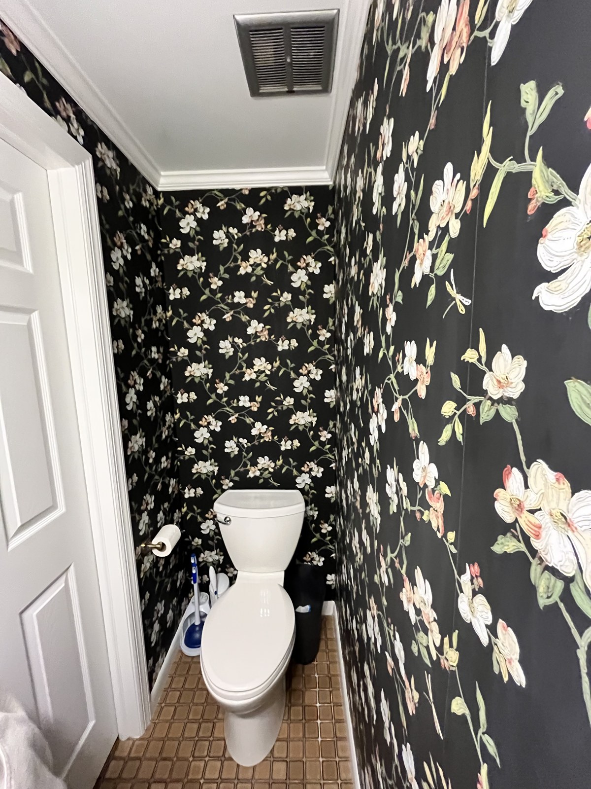Installed dark floral wallpaper from Brett’s project portfolio